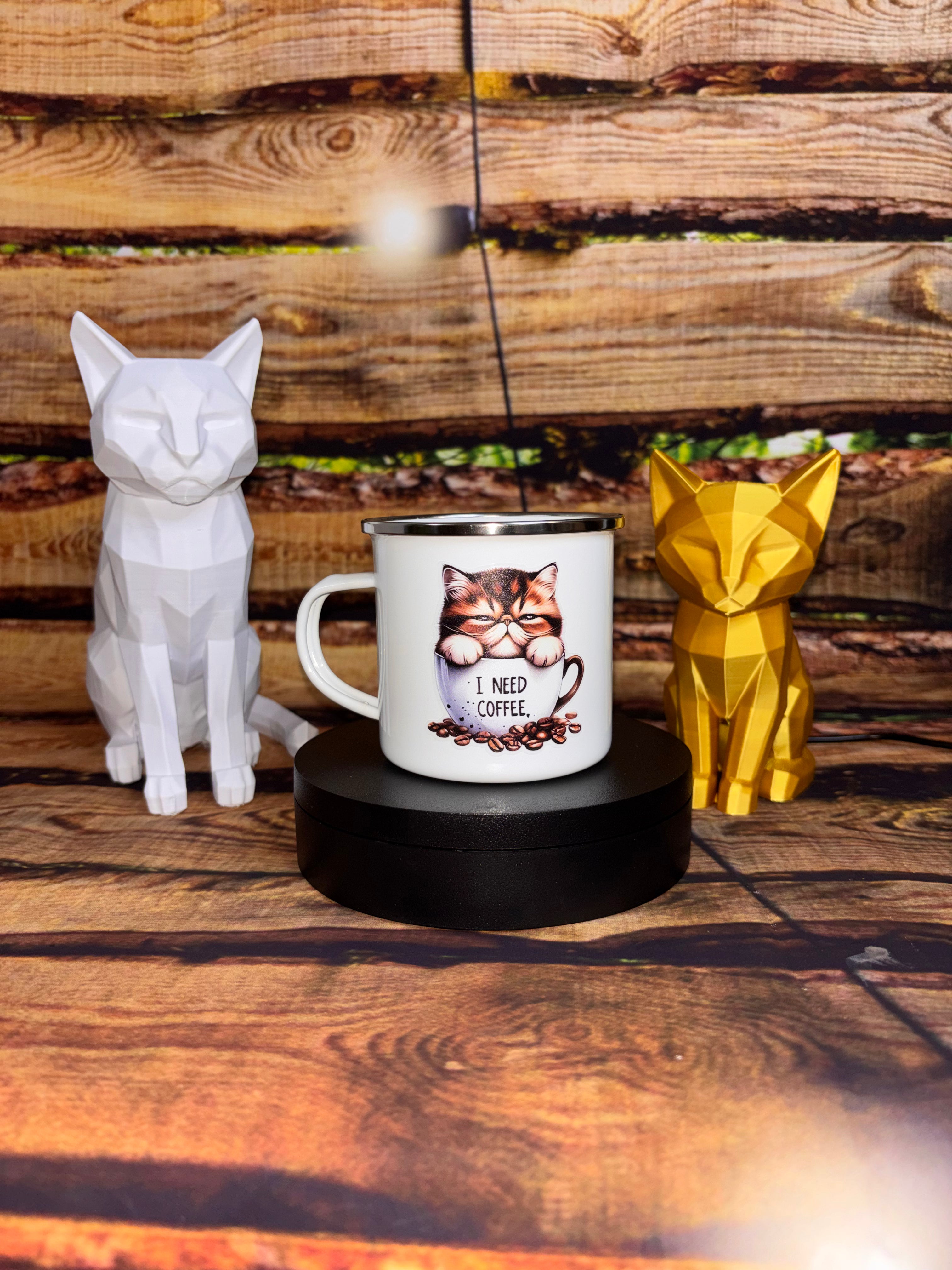 Tasse en émail blanche floquée Chat – 355 mL