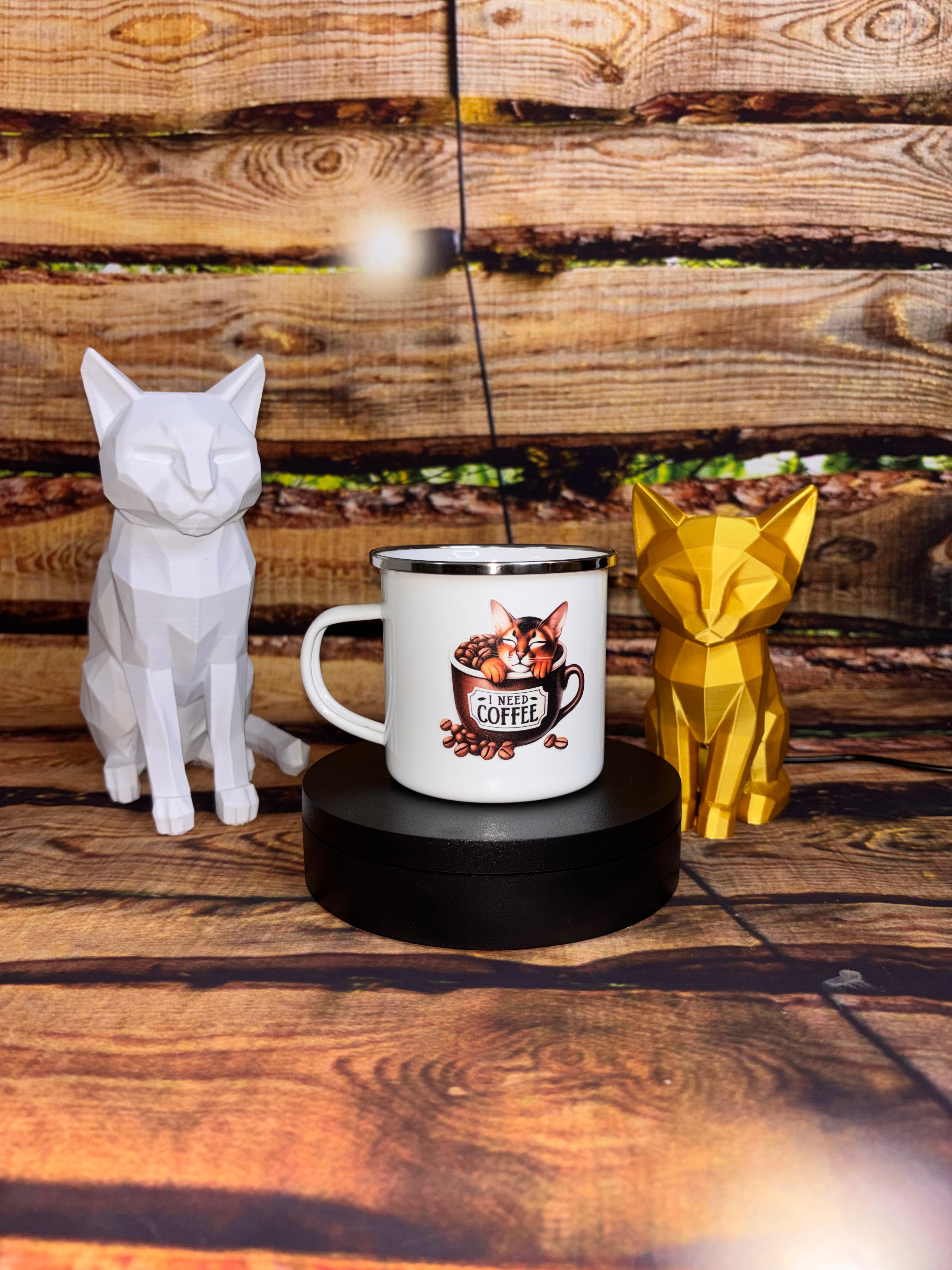 Tasse en émail blanche floquée Chat – 355 mL