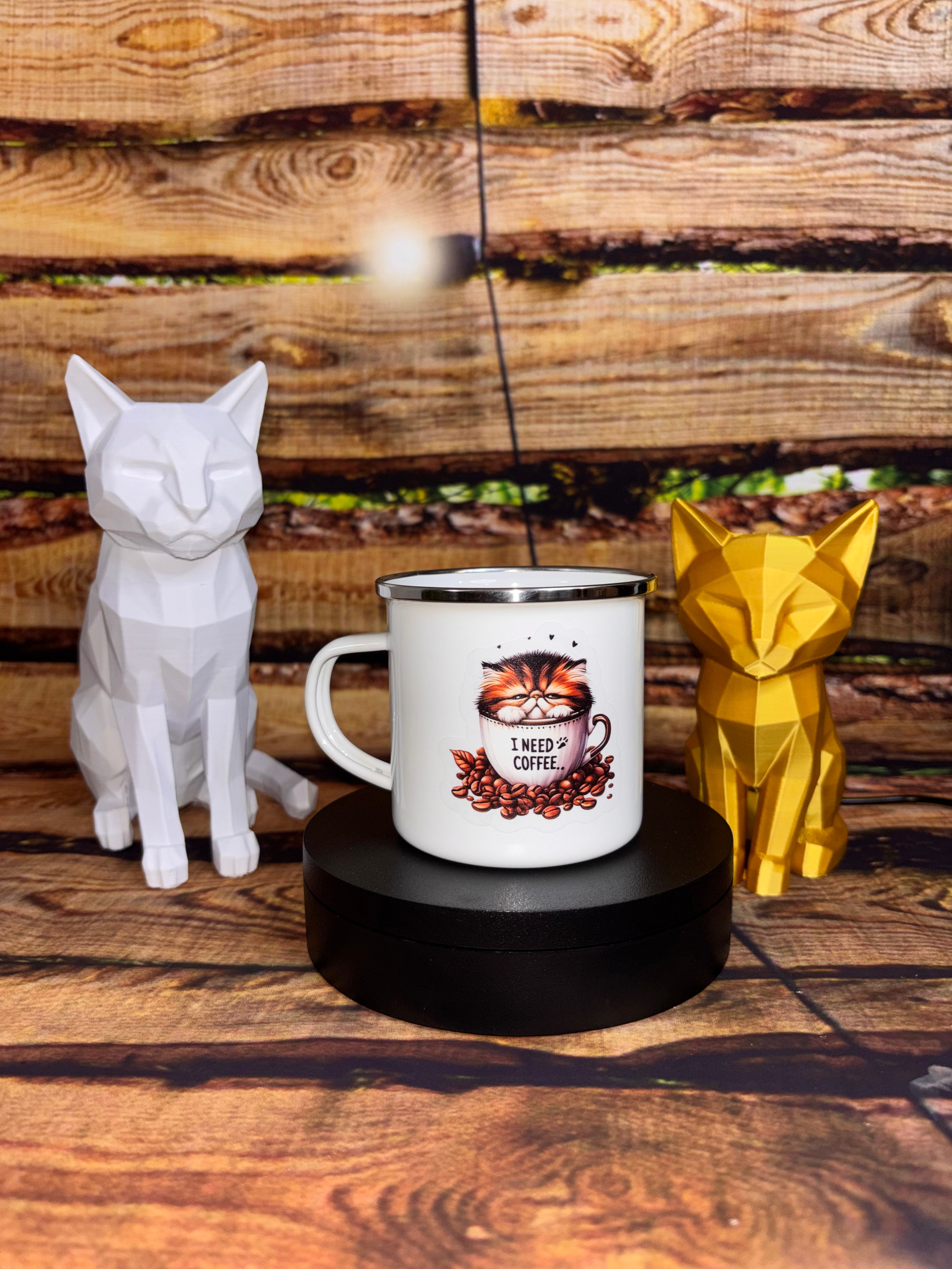 Tasse en émail blanche floquée Chat – 355 mL