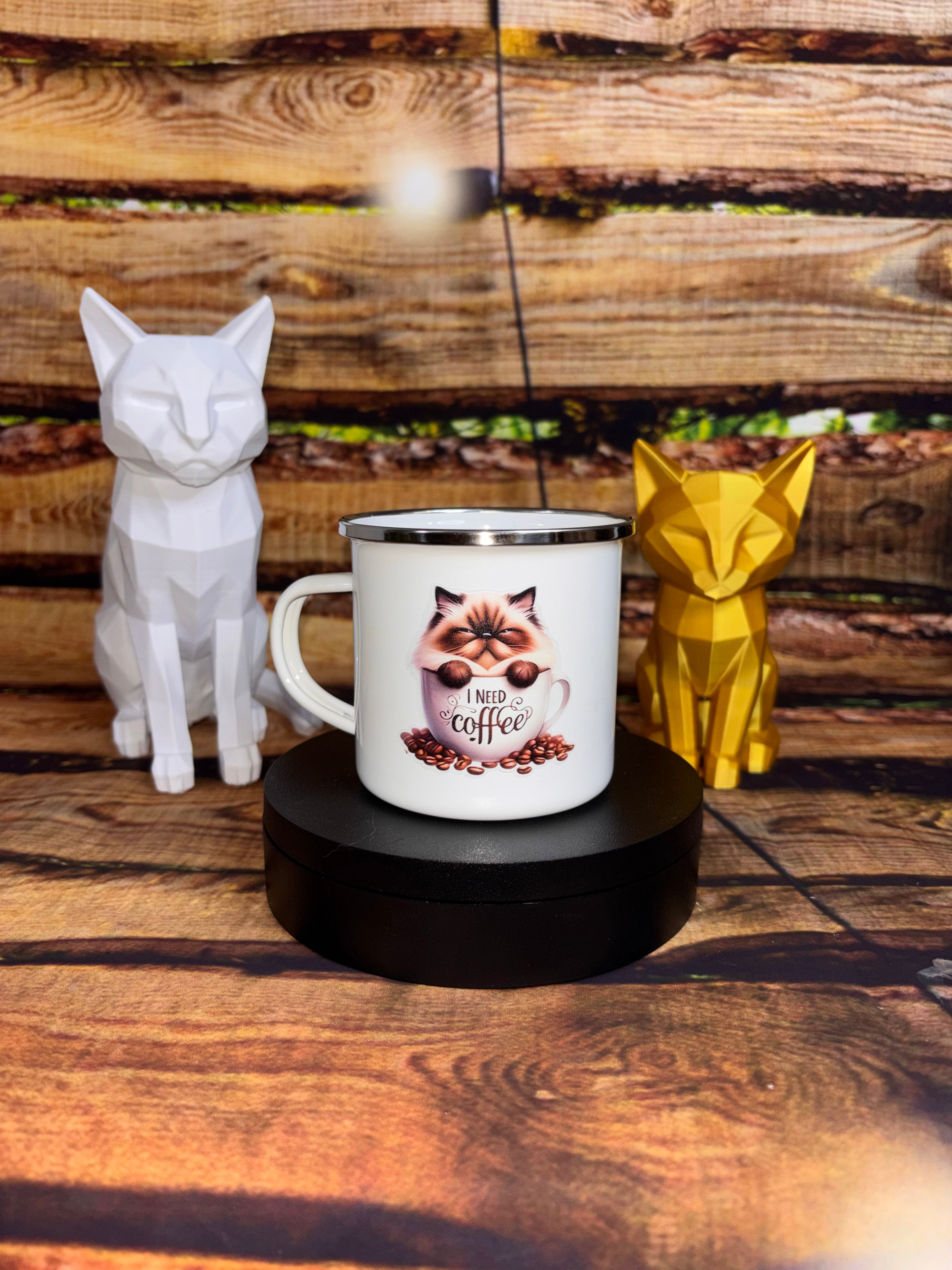 Tasse en émail blanche floquée Chat – 355 mL
