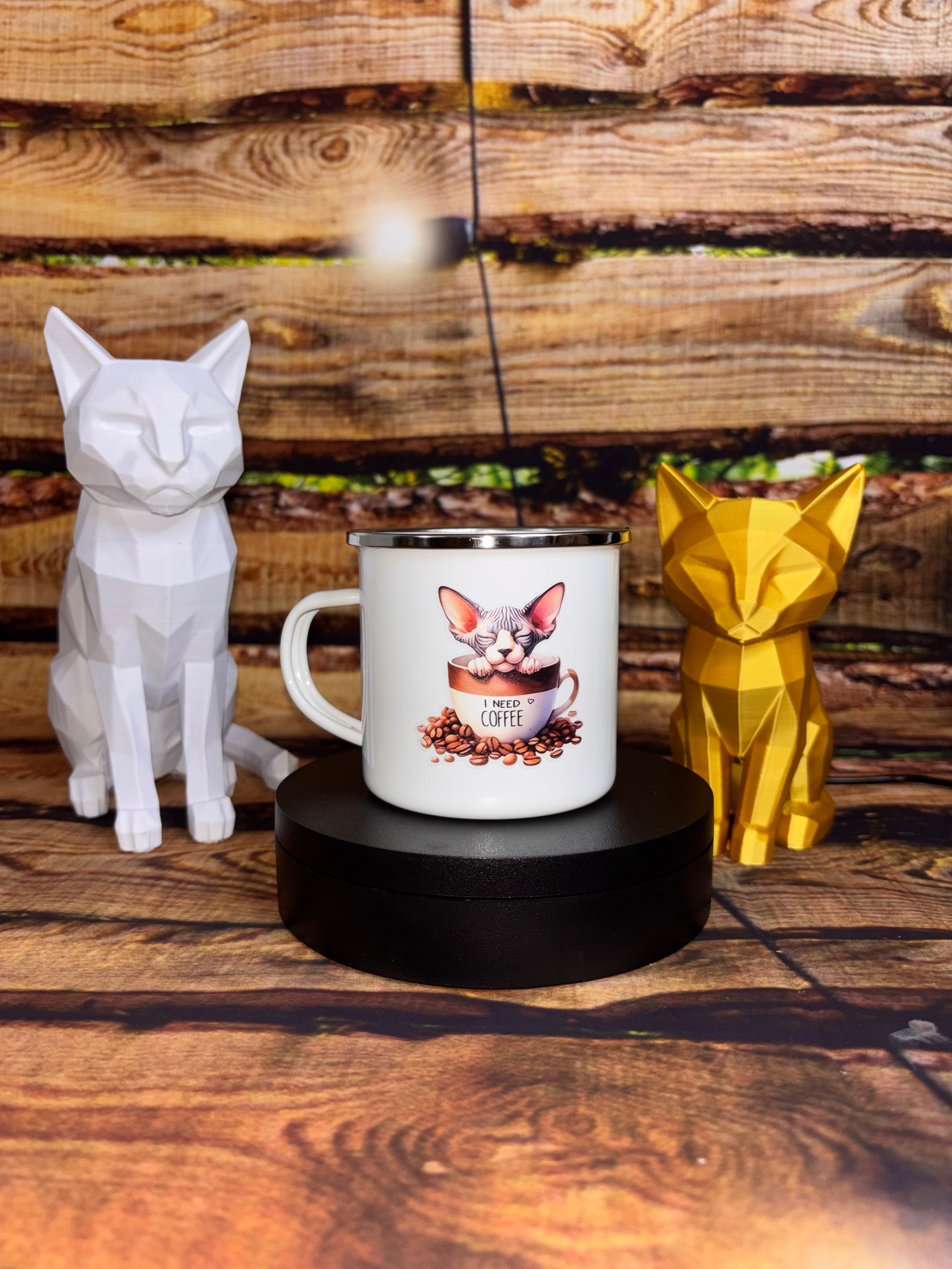 Tasse en émail blanche floquée Chat – 355 mL