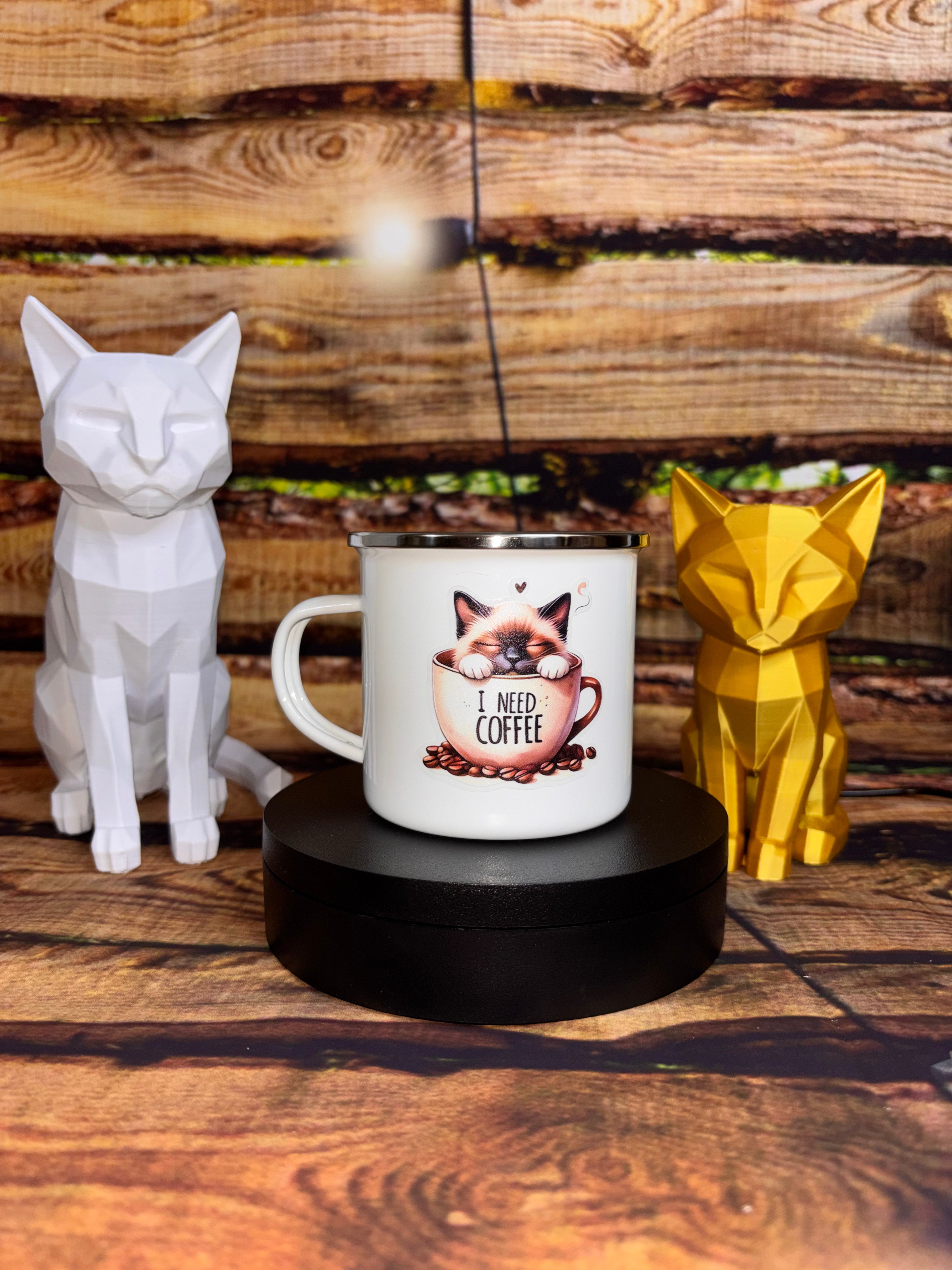 Tasse en émail blanche floquée Chat – 355 mL